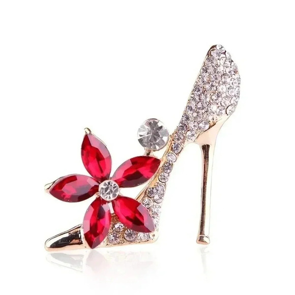 Jewelry - Floral Fashion Heel Shoe Goldplated Bling Crystal Rhinestone Fashion Brooch Pin